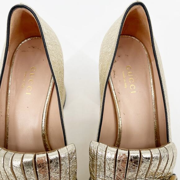 Gucci Gold Metallic Crackled Leather GG Marmont Fringe Platform Heels EU 36 - Picture 10 of 16
